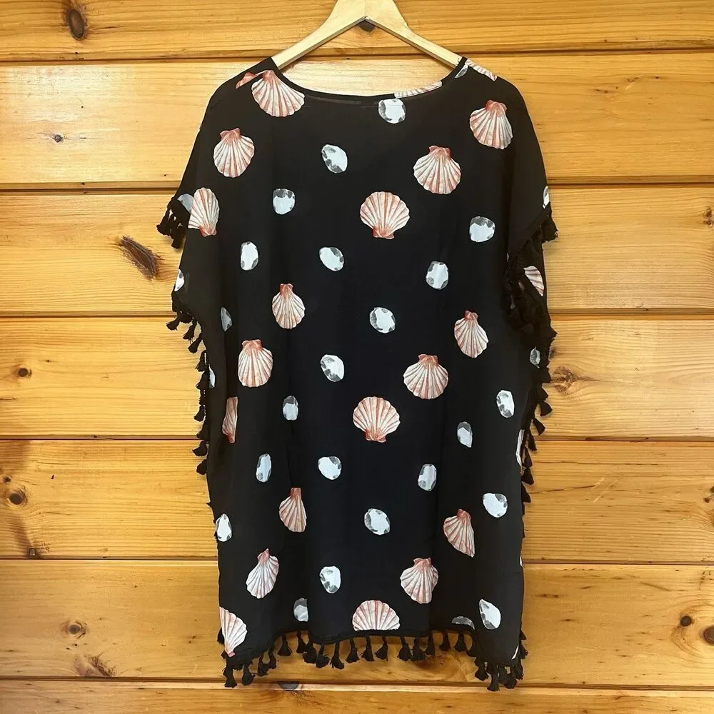 Yincro Women Swimsuit Cover Up Shirt with Tassel Beach Bathing L Black